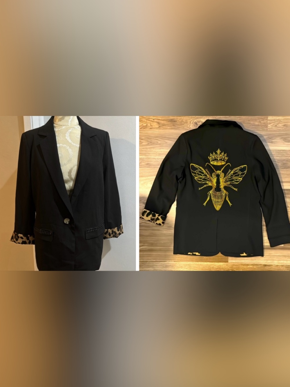 Swarovski Crystal Queen Bee Leopard Lined Black Studs Pockets Jacket S